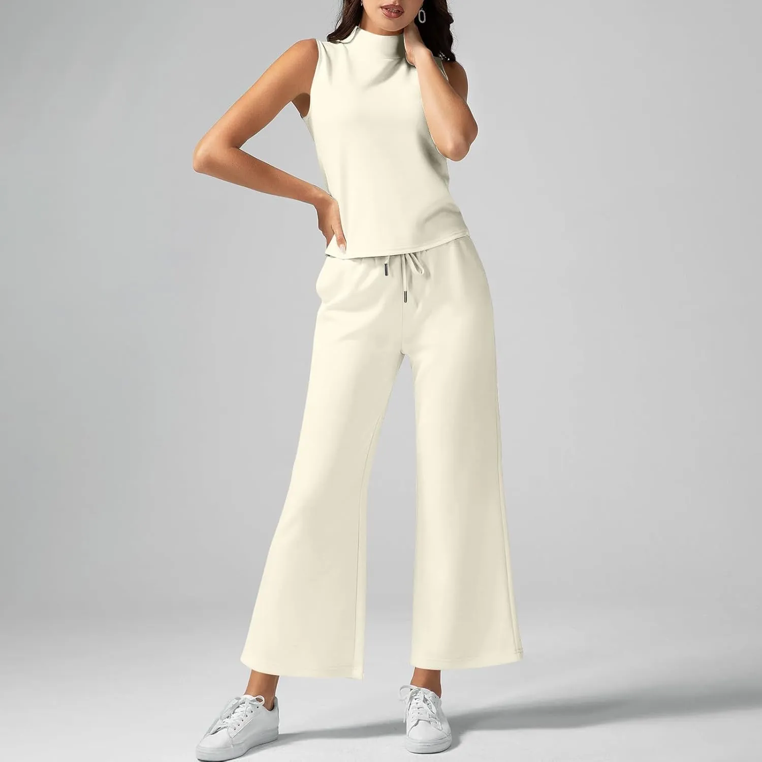 Two Piece Sets For Women Summer Dressy Sleeveless Mock Neck Tops Wide Leg Pants Tracksuit Matching Set Vacation Outfits