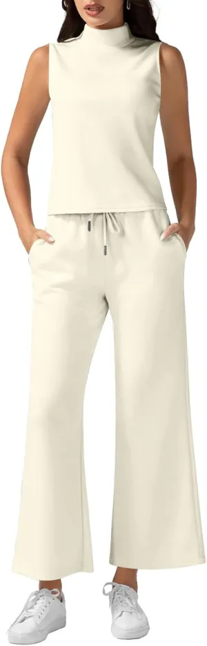 Two Piece Sets For Women Summer Dressy Sleeveless Mock Neck Tops Wide Leg Pants Tracksuit Matching Set Vacation Outfits