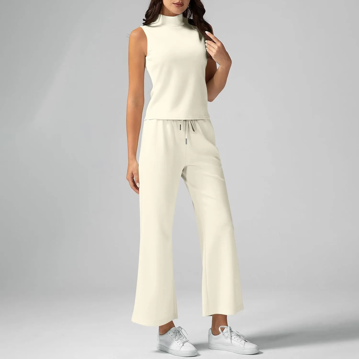 Two Piece Sets For Women Summer Dressy Sleeveless Mock Neck Tops Wide Leg Pants Tracksuit Matching Set Vacation Outfits