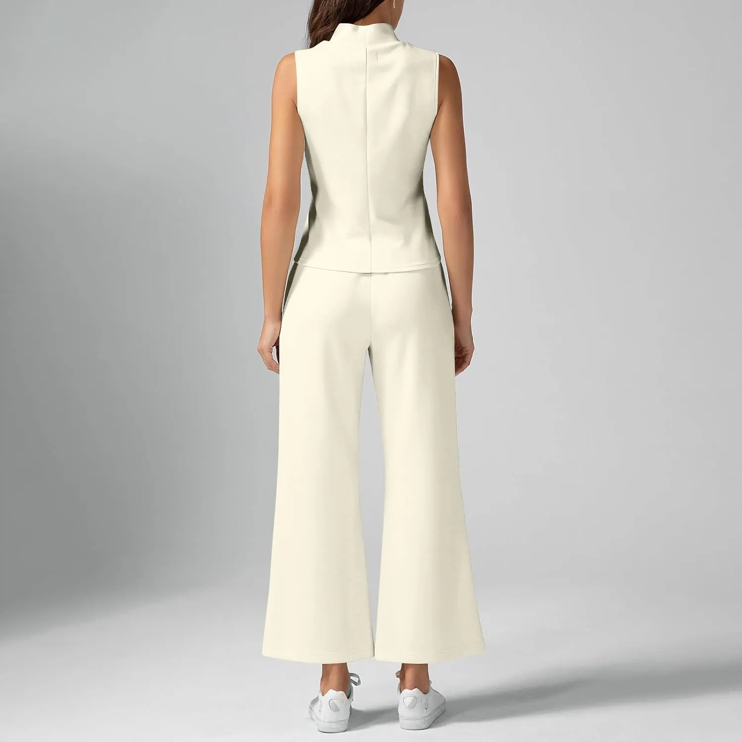 Two Piece Sets For Women Summer Dressy Sleeveless Mock Neck Tops Wide Leg Pants Tracksuit Matching Set Vacation Outfits