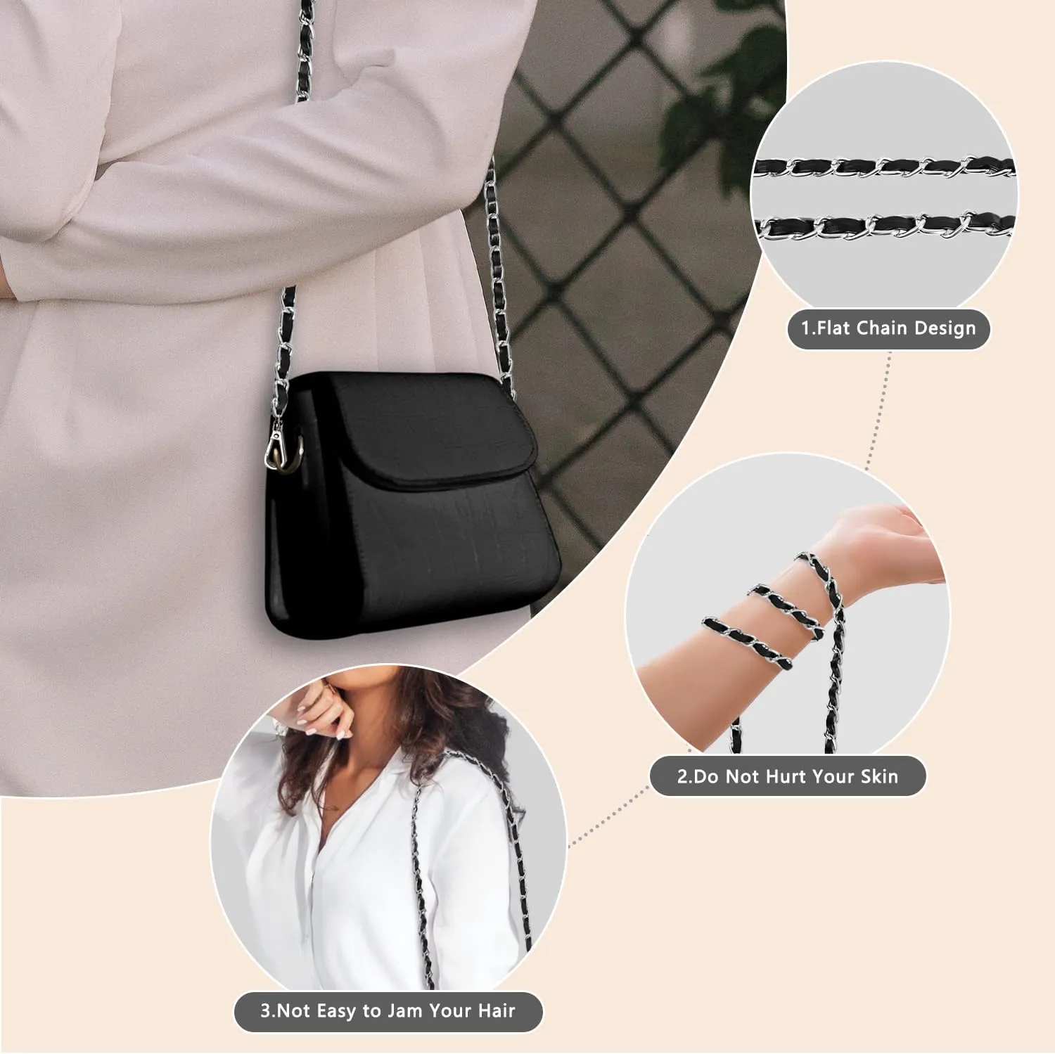 U U Metal Chain Purse Straps Replacement Crossbody, 47" DIY Purse Chain Accessories, Crossbody Bag and Handbag Strap with Metal Buckles (Black & Silver)