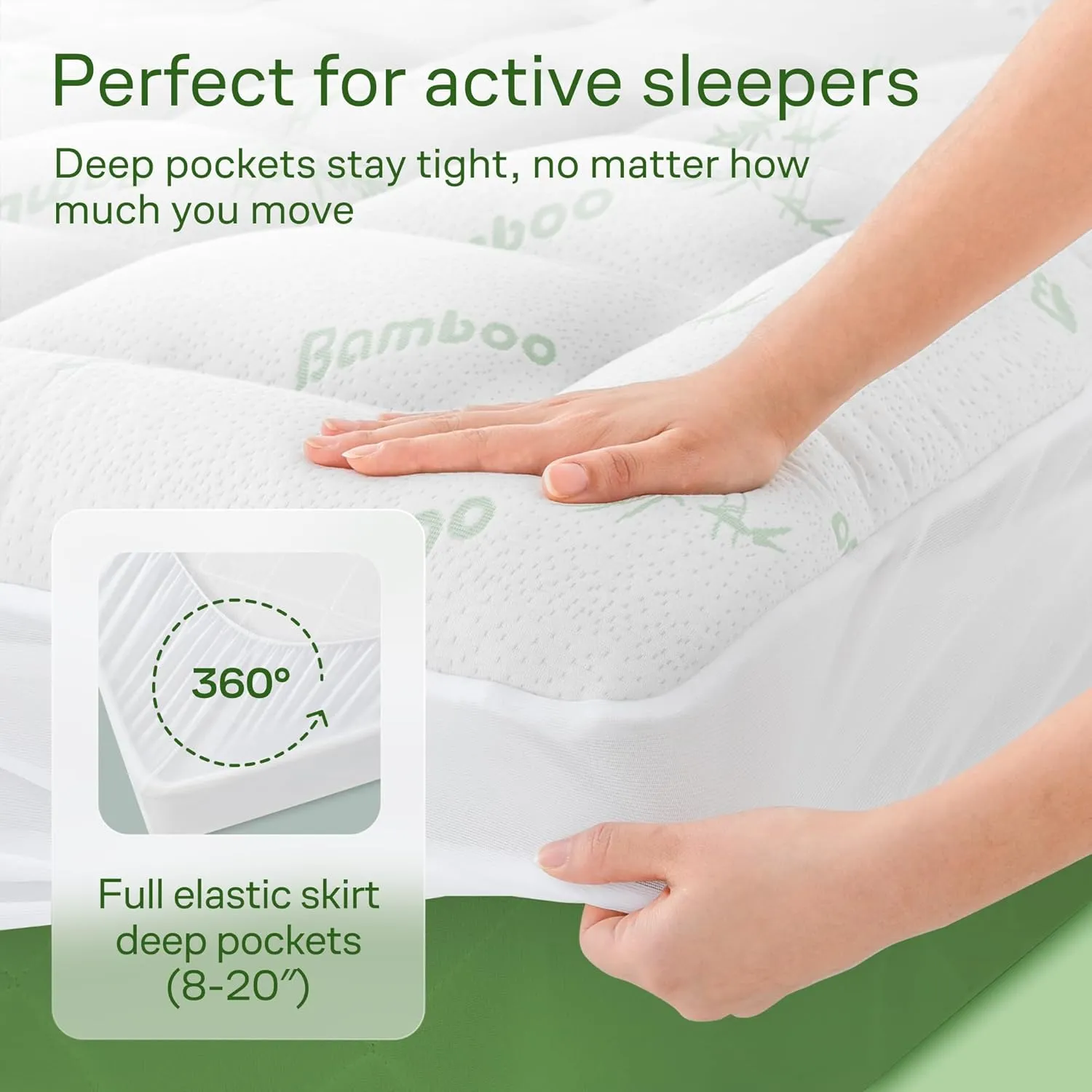 Ultra Soft Queen Size Mattress Topper - Viscose Made from Bamboo Pillow Top Mattress Pad for Back Pain Relief - Naturally Cooling for Hot Sleepers, Green