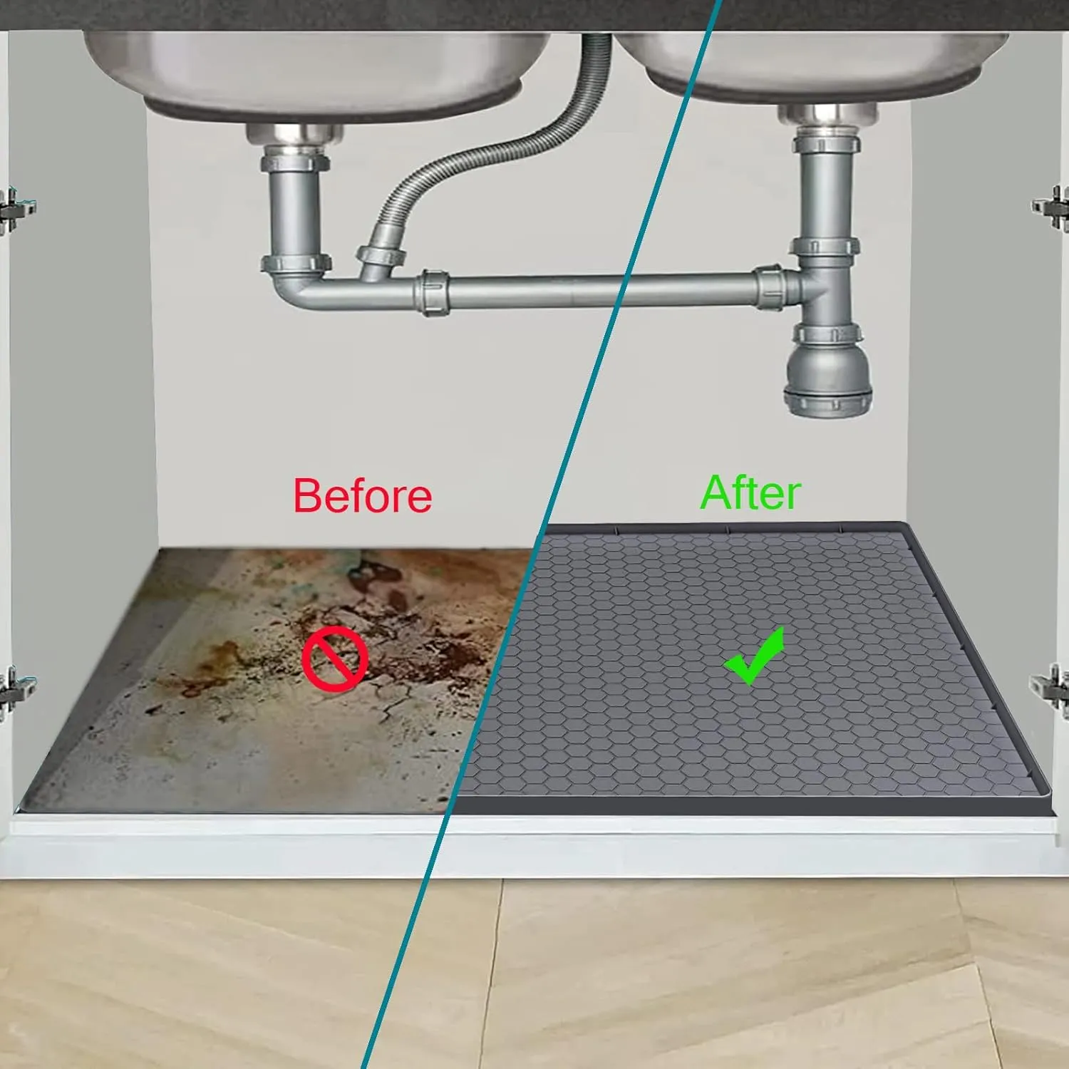 Under Sink Mat 28 x 22 for Kitchen Waterproof, Silicone Under Kitchen Bathroom Protector Sink Liner Mat, Easy to Clean Cabinet Mat Organizers and Storage, Grey