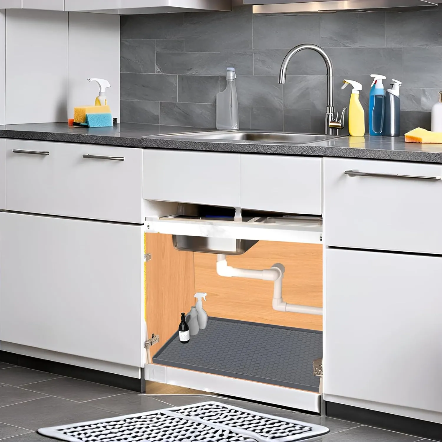 Under Sink Mat 28 x 22 for Kitchen Waterproof, Silicone Under Kitchen Bathroom Protector Sink Liner Mat, Easy to Clean Cabinet Mat Organizers and Storage, Grey