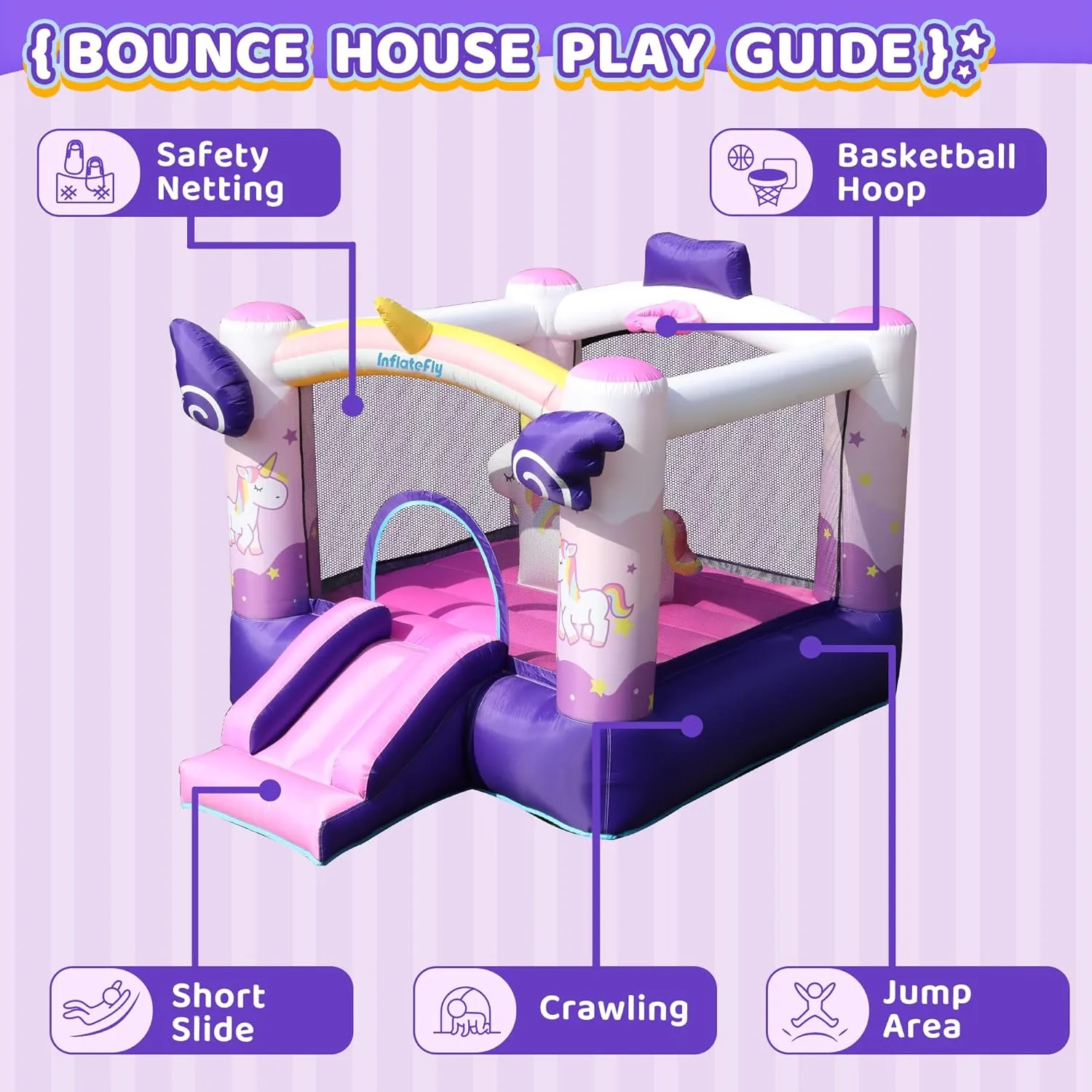 Unicorn Bounce House with Slide, Basketball Hoop for Kids 3-12, Inflatable Jumping Bouncy Castle for Outdoor & Indoor, Includes Blower