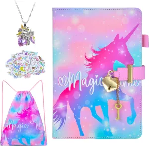 Unicorn Notebook for Girls, Unicorn Diary With Lock and Key, Girls Diary Set Includ Journal Notebook, Stickers, Unicorn pendant, Unicorn drawstring bag, Perfect for Doodling and Notes (Star Unicorn)