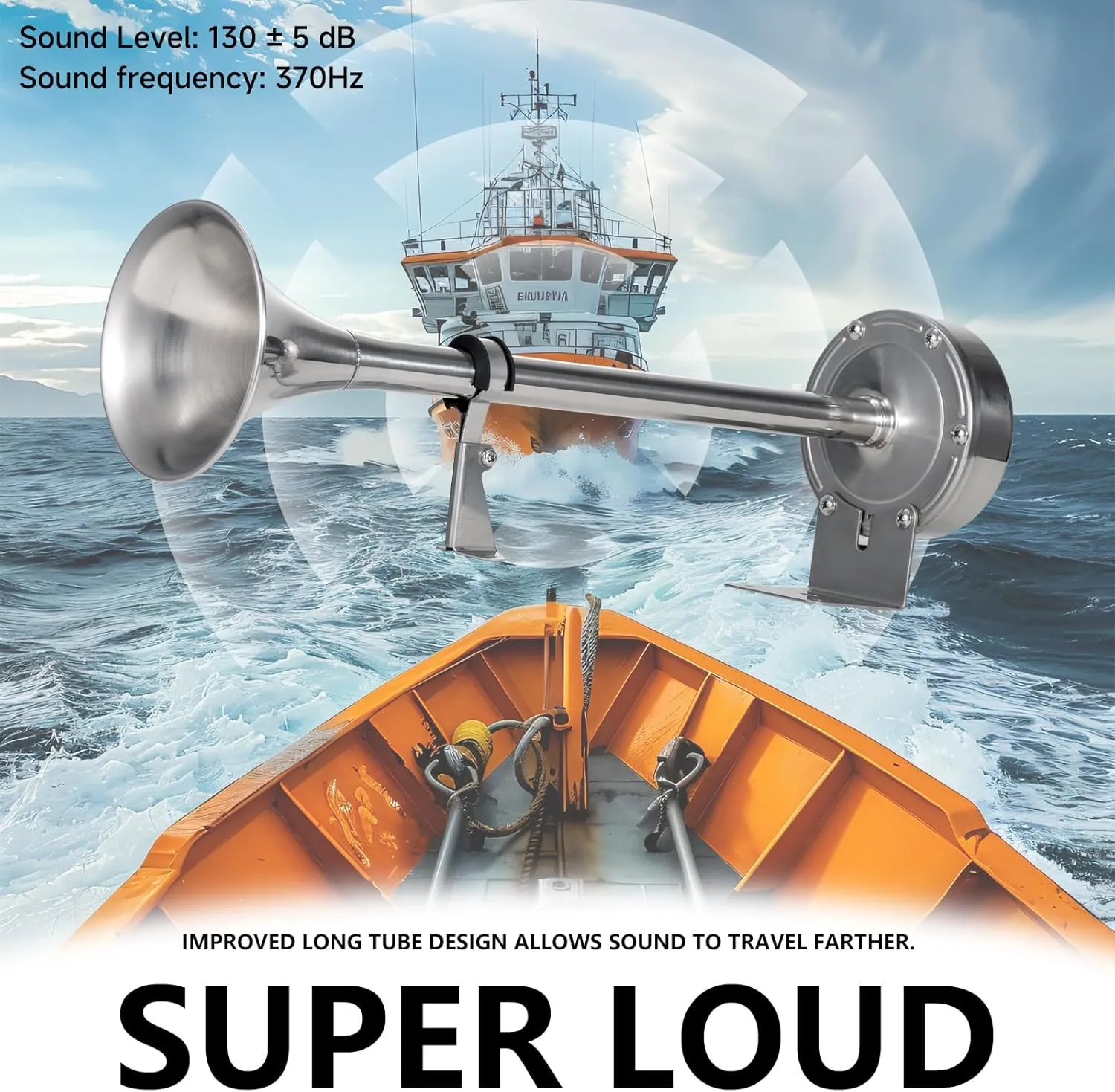 Upgraded Boat Horn 130dB - Marine Grade Waterproof Stainless Steel Single Trumpet - Super Loud for Boats, Trucks, RVs & Trailers（Upgraded single horn）