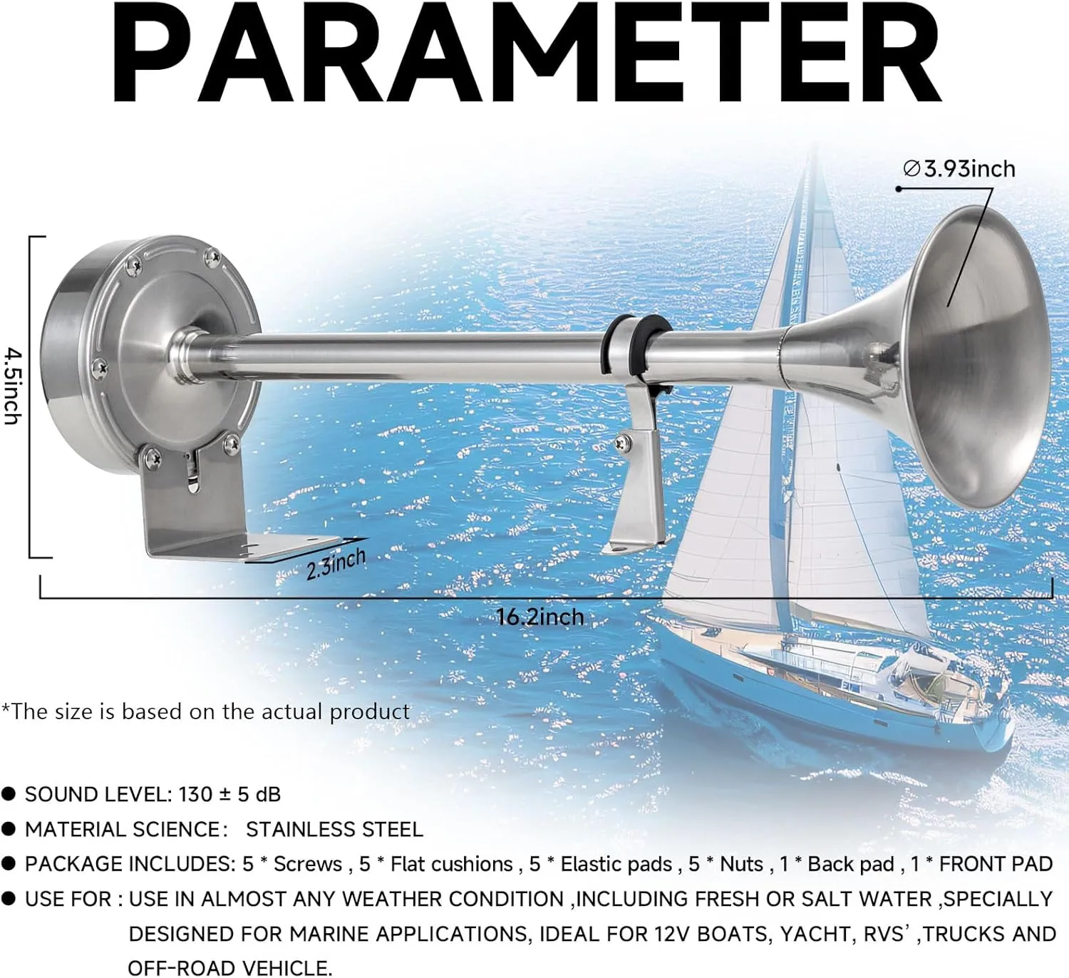 Upgraded Boat Horn 130dB - Marine Grade Waterproof Stainless Steel Single Trumpet - Super Loud for Boats, Trucks, RVs & Trailers（Upgraded single horn）