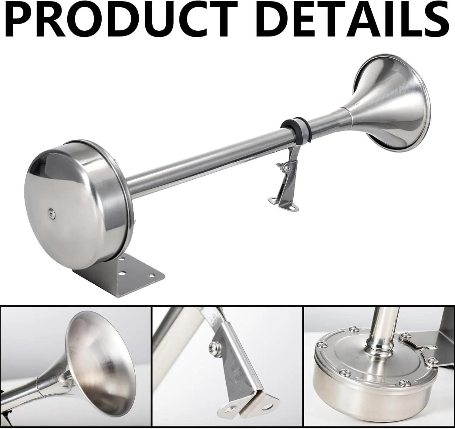 Upgraded Boat Horn 130dB - Marine Grade Waterproof Stainless Steel Single Trumpet - Super Loud for Boats, Trucks, RVs & Trailers（Upgraded single horn）
