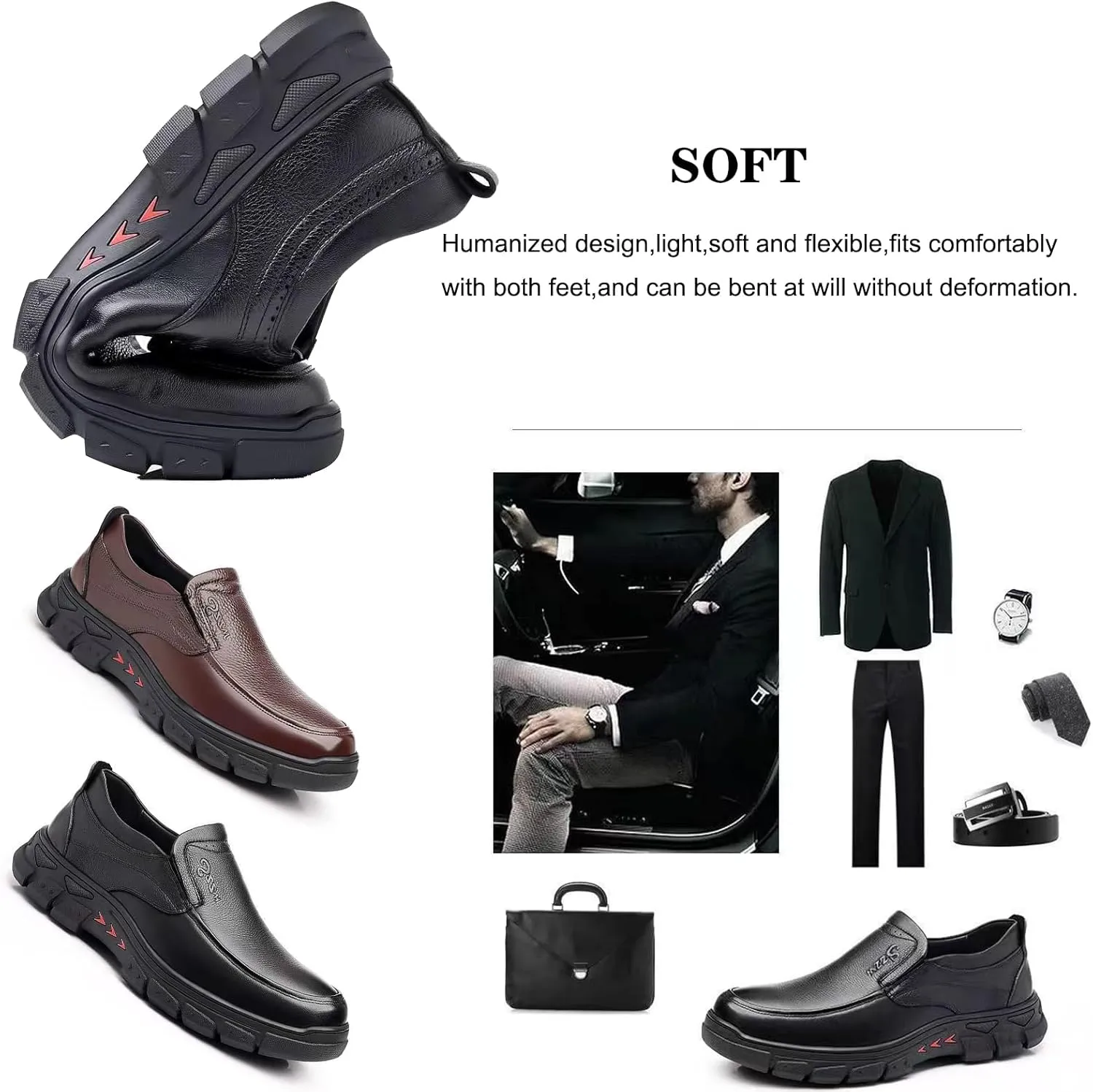 URLECHS Men's Leather Slip-On Loafers,Business Office Gentleman Dress Shoes Soft Lightweight Comfortable Driving Walking Shoes