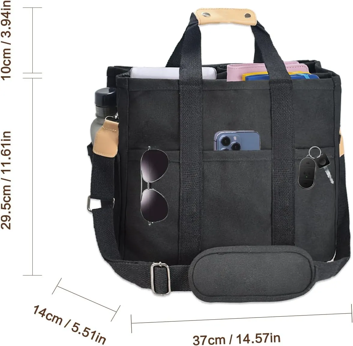 Utility Large Canvas Tote Bag with 13 Pockets Compartments, Multi Crossbody Tote Bag Work Shoulder Bag Travel Bag