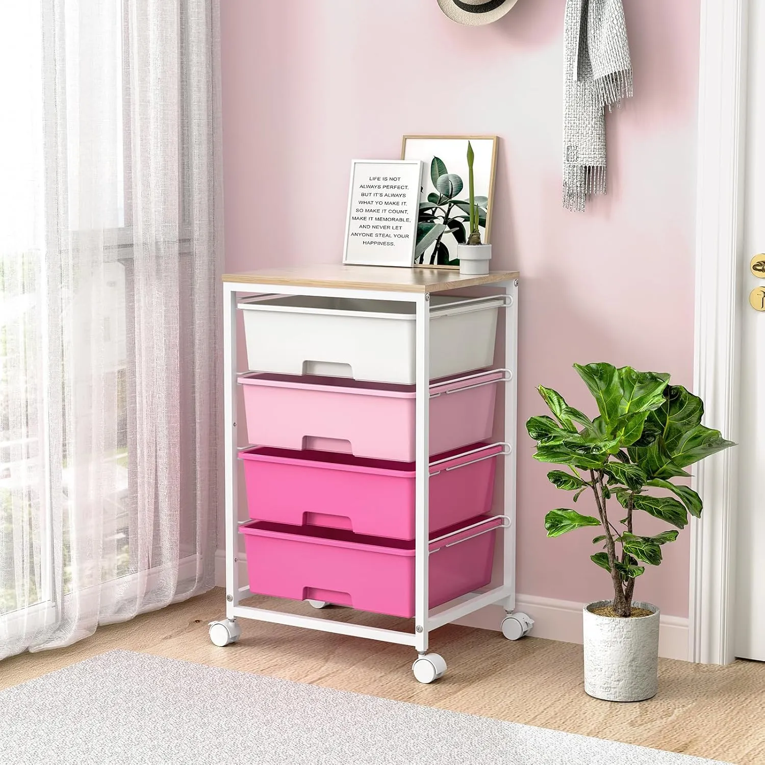 Utility-Rolling-Craft-Storage-Cart-Organizer with 4 Drawers and Wooden Tabletop, 4 Tier Drawer Cart for Home Office, Kid Room, Classroom Teacher, Dorm, Pink
