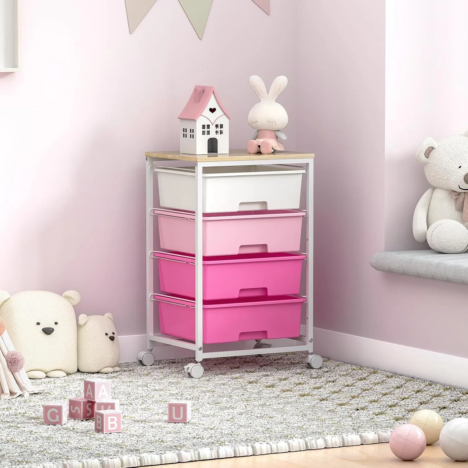 Utility-Rolling-Craft-Storage-Cart-Organizer with 4 Drawers and Wooden Tabletop, 4 Tier Drawer Cart for Home Office, Kid Room, Classroom Teacher, Dorm, Pink