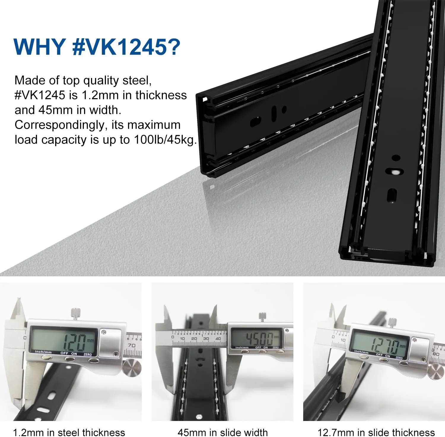 VADANIA 20" Soft Close Drawer Slide, #VK1245, 3-Fold Full Extension, Self Silent Closing, Heavy Duty 100lb Load Capacity, Ball Bearing, Side Mount, Black, 5-Pair