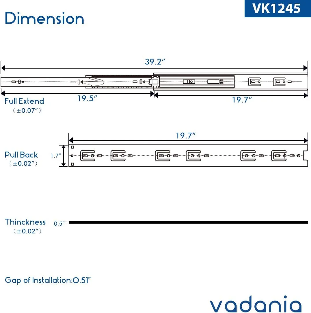 VADANIA 20" Soft Close Drawer Slide, #VK1245, 3-Fold Full Extension, Self Silent Closing, Heavy Duty 100lb Load Capacity, Ball Bearing, Side Mount, Black, 5-Pair