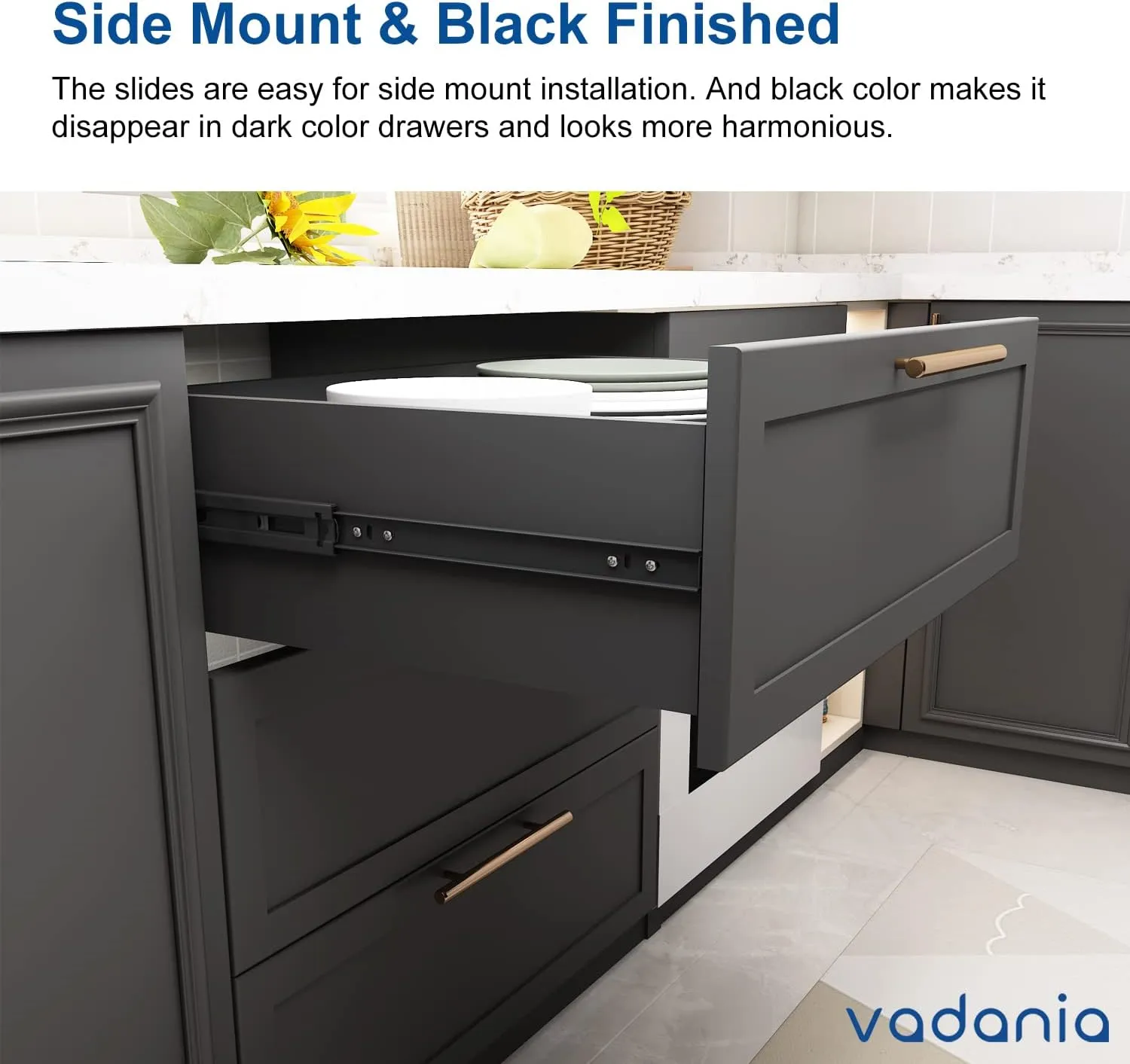 VADANIA 20" Soft Close Drawer Slide, #VK1245, 3-Fold Full Extension, Self Silent Closing, Heavy Duty 100lb Load Capacity, Ball Bearing, Side Mount, Black, 5-Pair