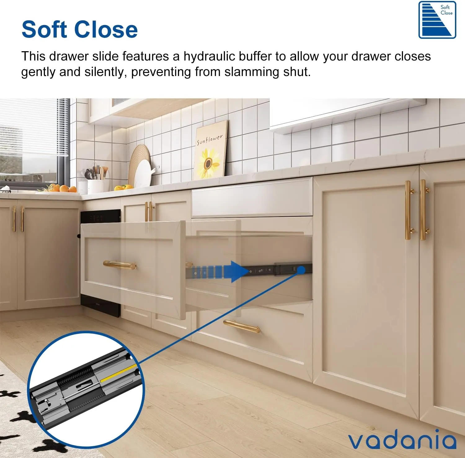 VADANIA 20" Soft Close Drawer Slide, #VK1245, 3-Fold Full Extension, Self Silent Closing, Heavy Duty 100lb Load Capacity, Ball Bearing, Side Mount, Black, 5-Pair