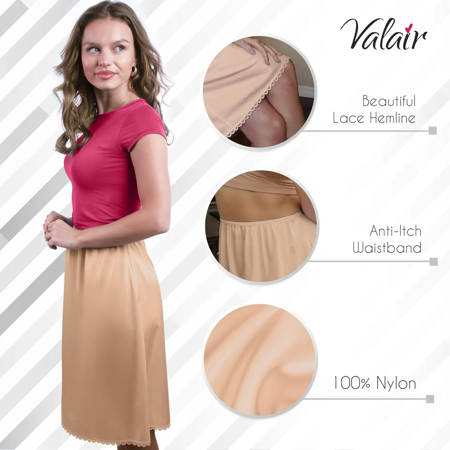 Valair Classic Short and Long Half Slip Skirt for Ladies and Girls - Slight Flair - Anti Static - Ranges 14" Till 34"