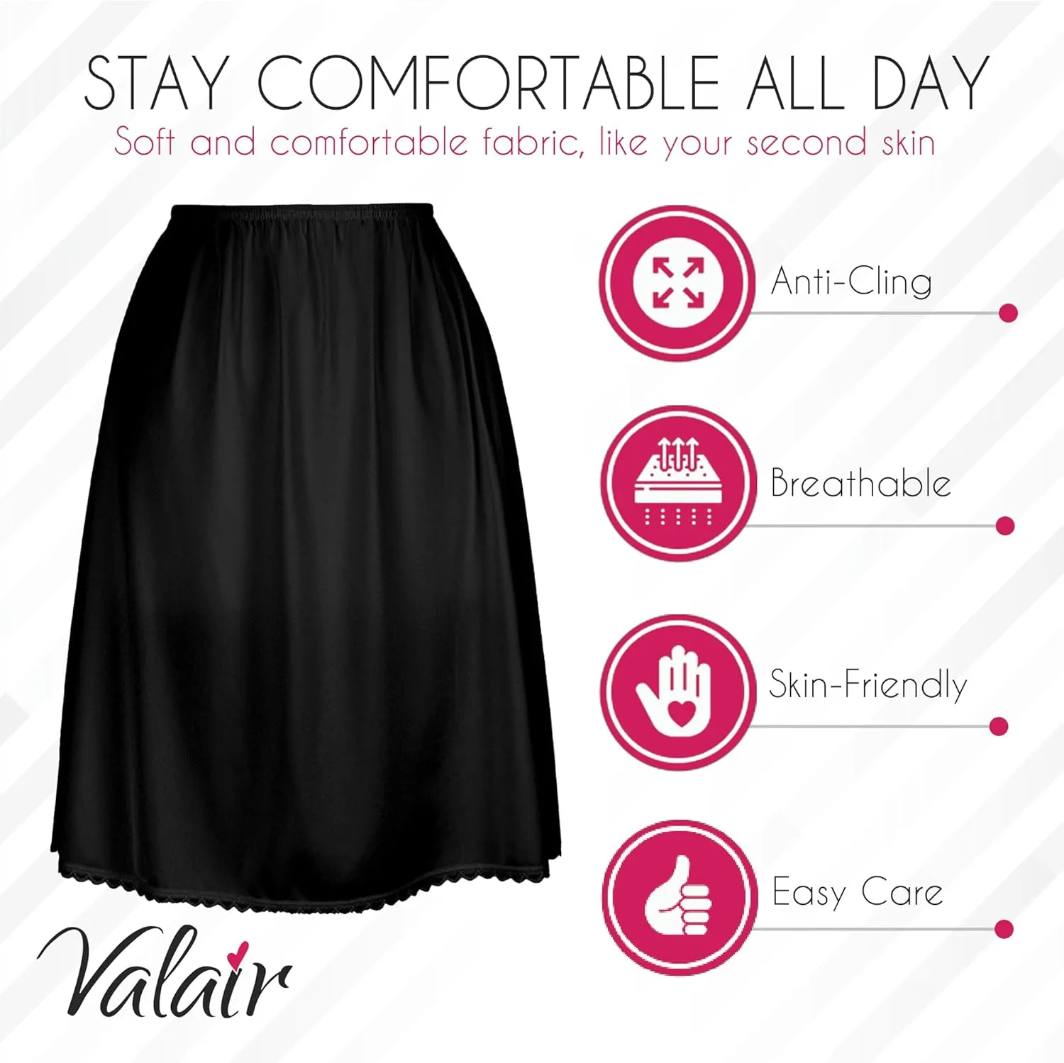 Valair Classic Short and Long Half Slip Skirt for Ladies and Girls - Slight Flair - Anti Static - Ranges 14" Till 34"