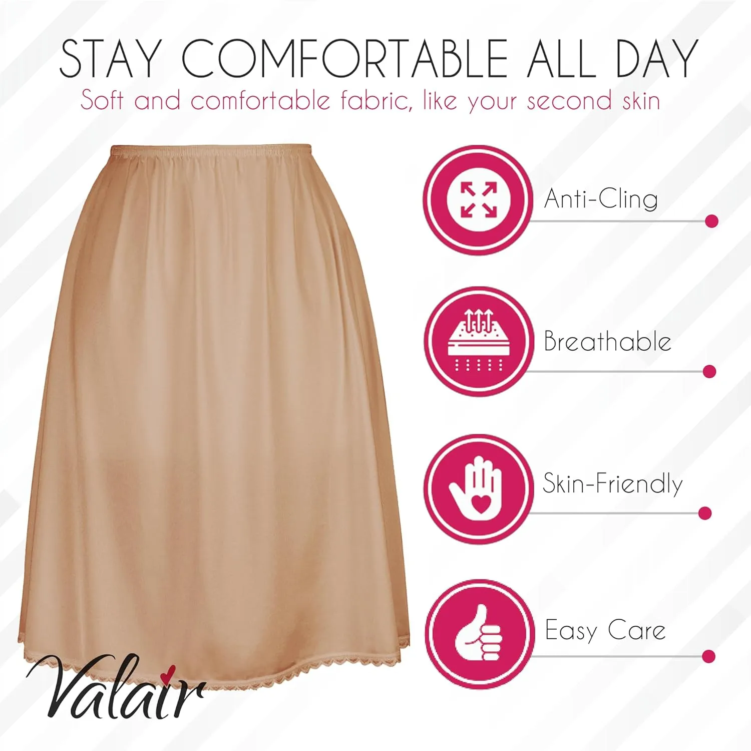 Valair Classic Short and Long Half Slip Skirt for Ladies and Girls - Slight Flair - Anti Static - Ranges 14" Till 34"