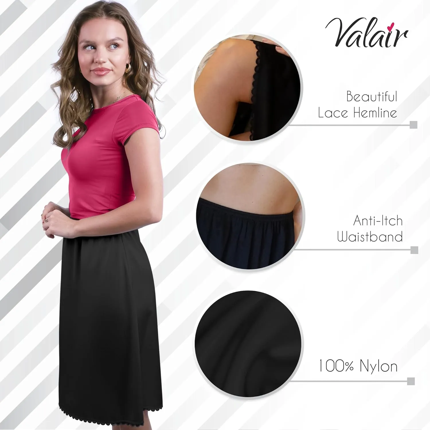 Valair Classic Short and Long Half Slip Skirt for Ladies and Girls - Slight Flair - Anti Static - Ranges 14" Till 34"
