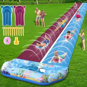 VEEST 33 FT Extra Long Water Slides for Kids Adults, Giant Double Lawn Water Slip Heavy Duty with 2 Bodyboards, Summer Water Slides Toys with Crash Pad for Backyard Outdoor
