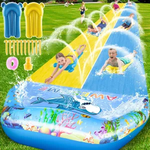 VEEST 33 FT Extra Long Water Slides for Kids Adults, Giant Double Lawn Water Slip Heavy Duty with 2 Bodyboards, Summer Water Slides with Crash Pad for Backyard Outdoor