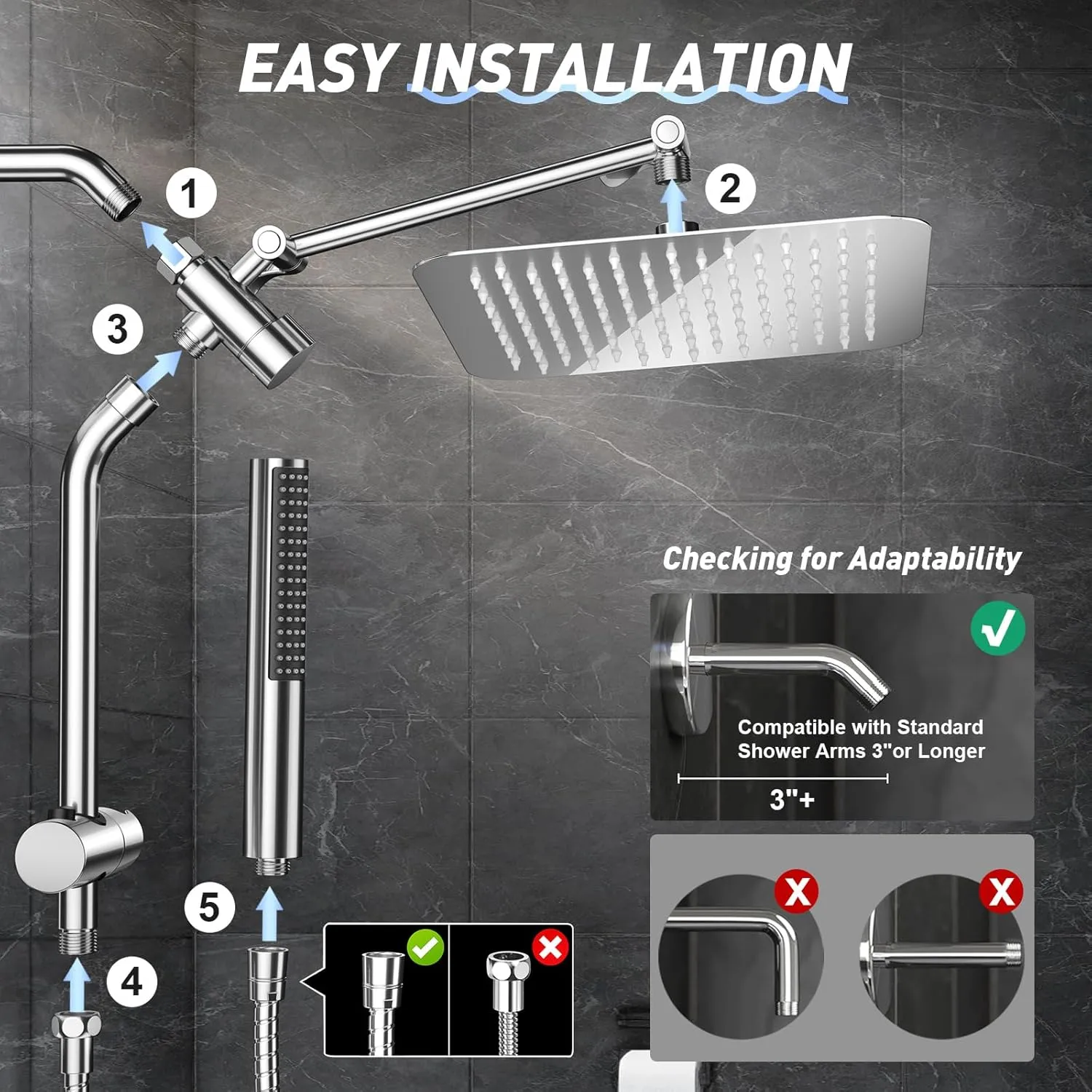 Veken Shower Head, 10'' Luxury All Metal Rain Shower Heads with Handheld Spray Combo, Hand Held Bathroom Combo with Adjustable Extension Arm, Bathroom Accessories, Dual Rainfall Showerhead Chrome