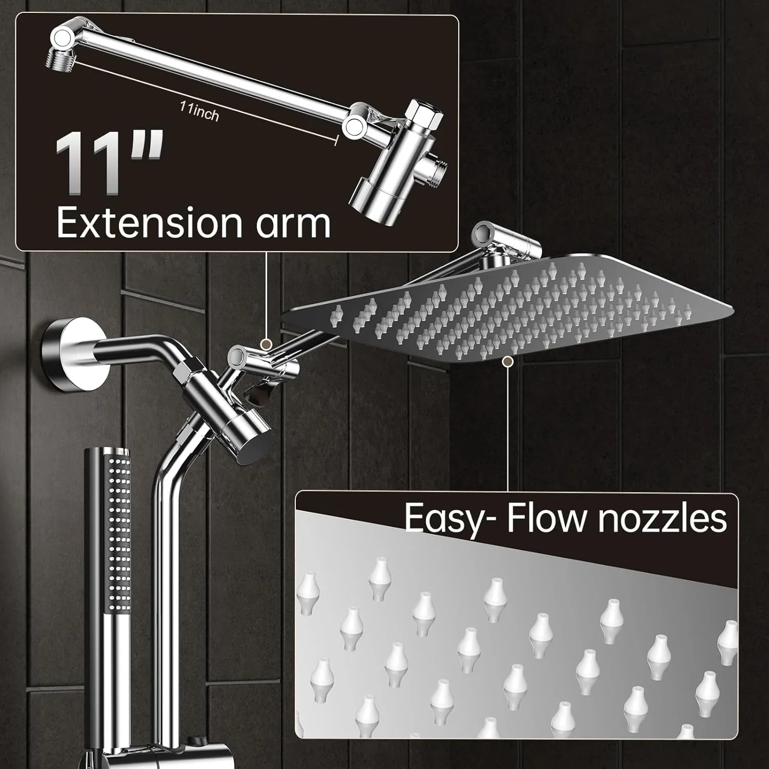 Veken Shower Head, 10'' Luxury All Metal Rain Shower Heads with Handheld Spray Combo, Hand Held Bathroom Combo with Adjustable Extension Arm, Bathroom Accessories, Dual Rainfall Showerhead Chrome
