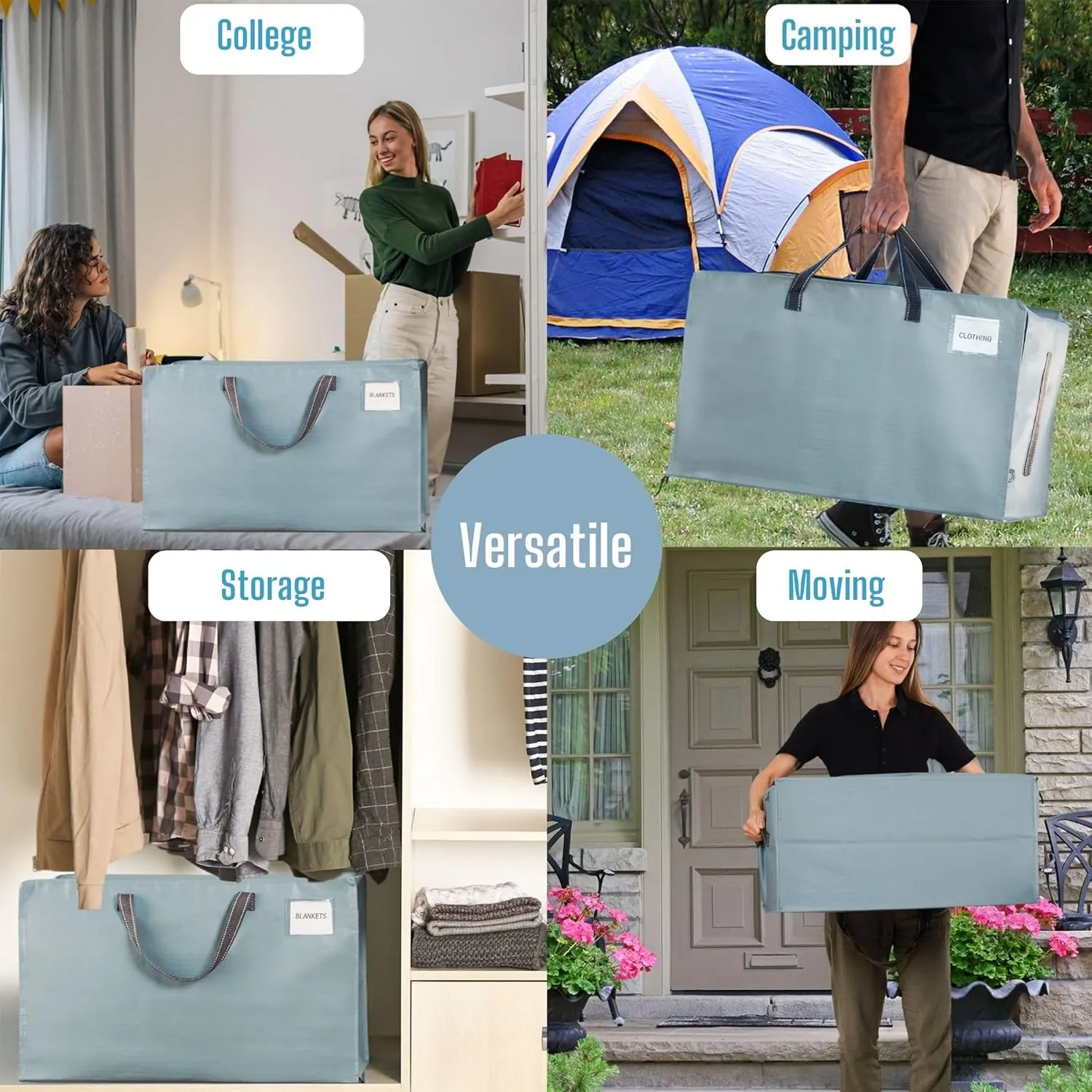 VENO 4 Pack Moving and Storage Bags, Heavy Duty, Alternative to Moving Boxes, Large Packing Totes Supplies for College Dorm Room with Zipper for Clothes, Wide Open Design (Light Blue Matte, 4 Pack)