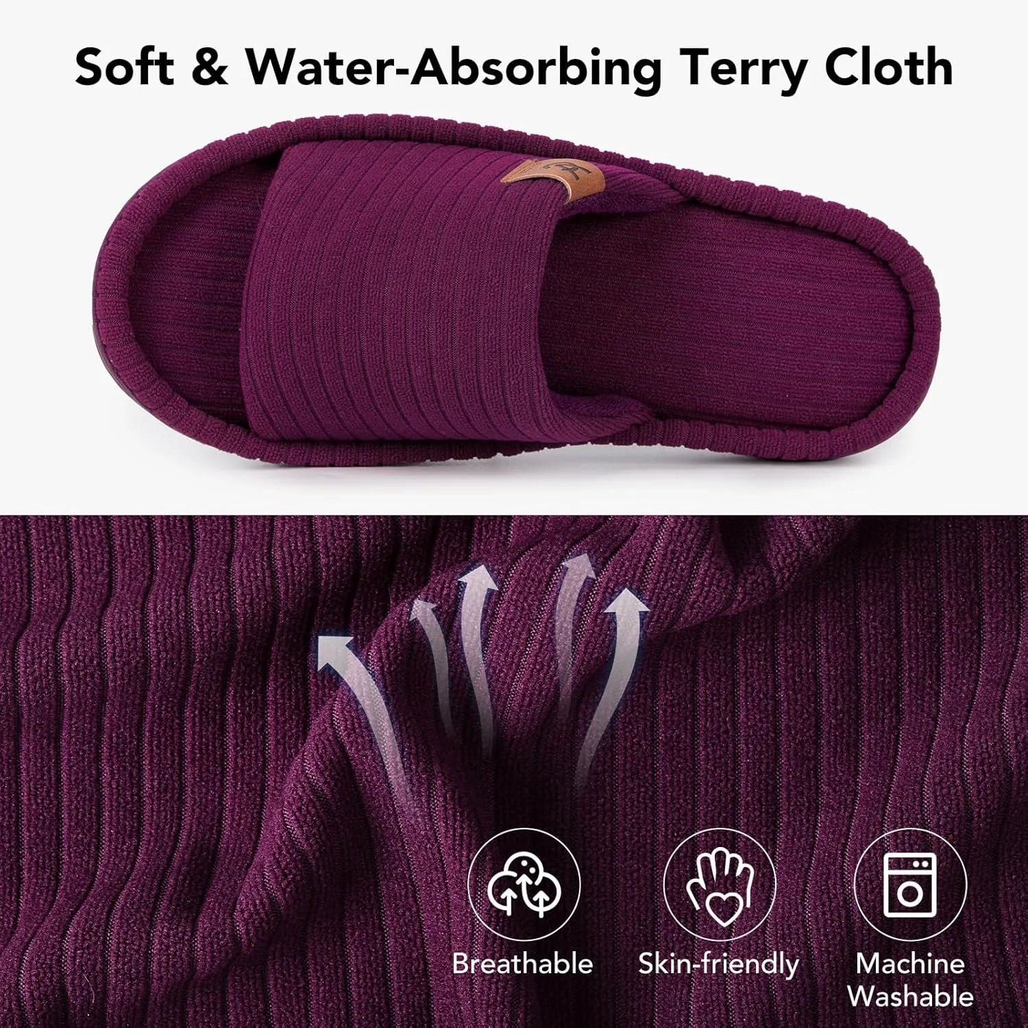 VeraCosy Women's Open Toe Slippers Soft Terry Cloth Indoor Slip on House Shoes