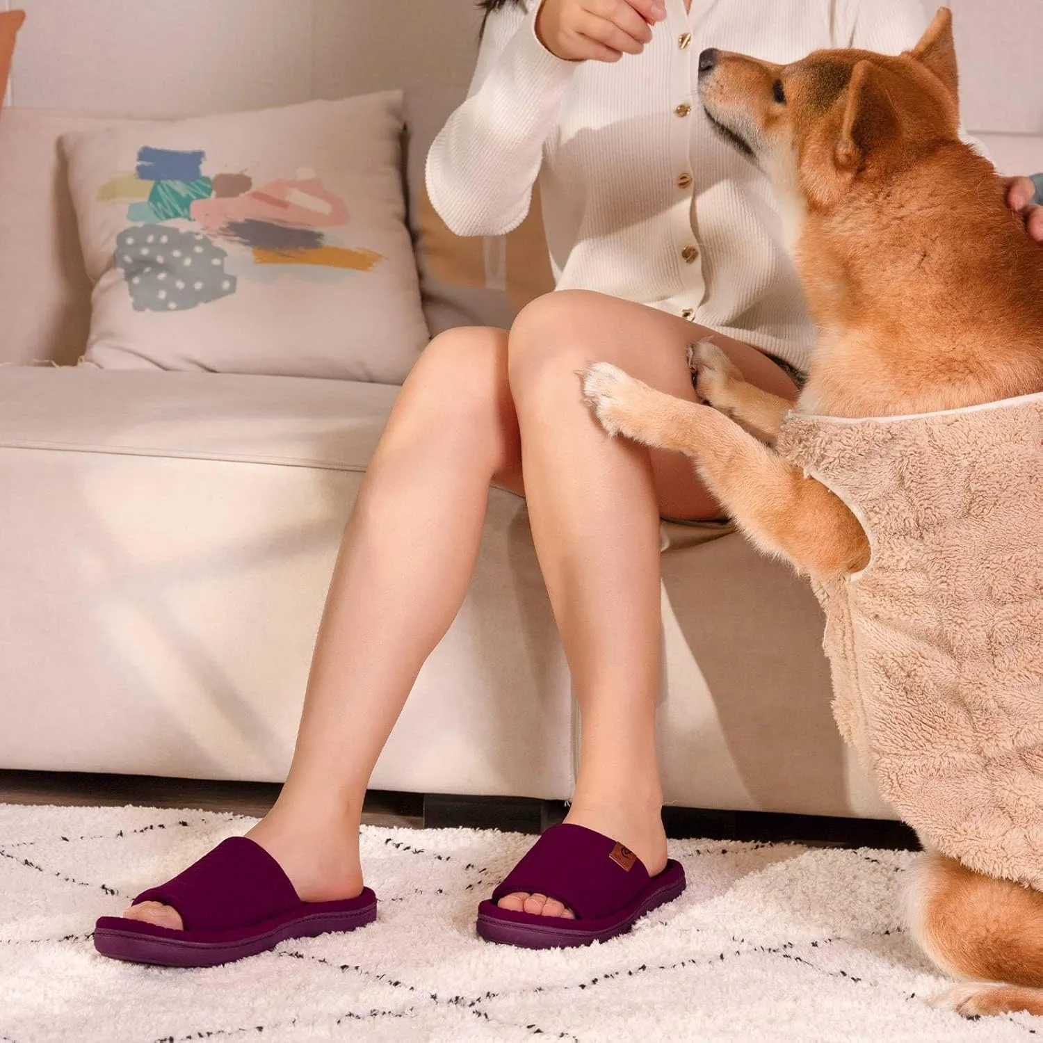 VeraCosy Women's Open Toe Slippers Soft Terry Cloth Indoor Slip on House Shoes
