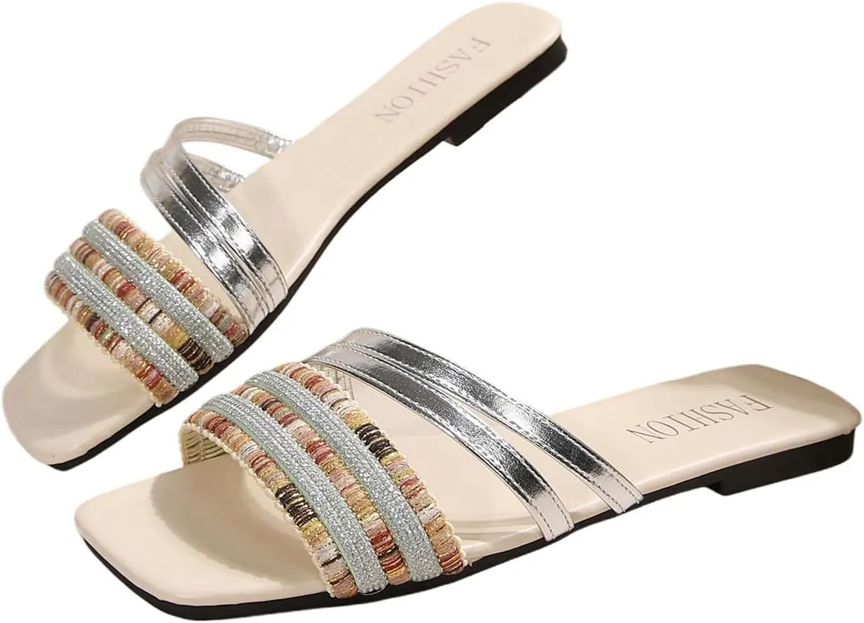 Verdusa Women's Metallic Strappy Sandals Square Open Toe Dressy Glamorous Slide Sandals