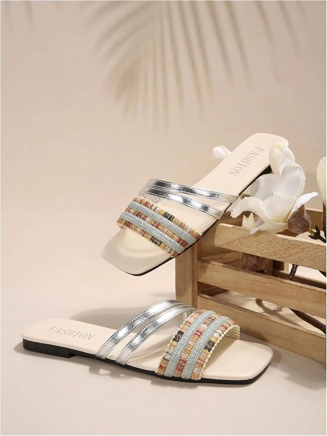 Verdusa Women's Metallic Strappy Sandals Square Open Toe Dressy Glamorous Slide Sandals