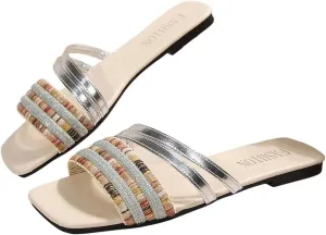 Verdusa Women's Metallic Strappy Sandals Square Open Toe Dressy Glamorous Slide Sandals