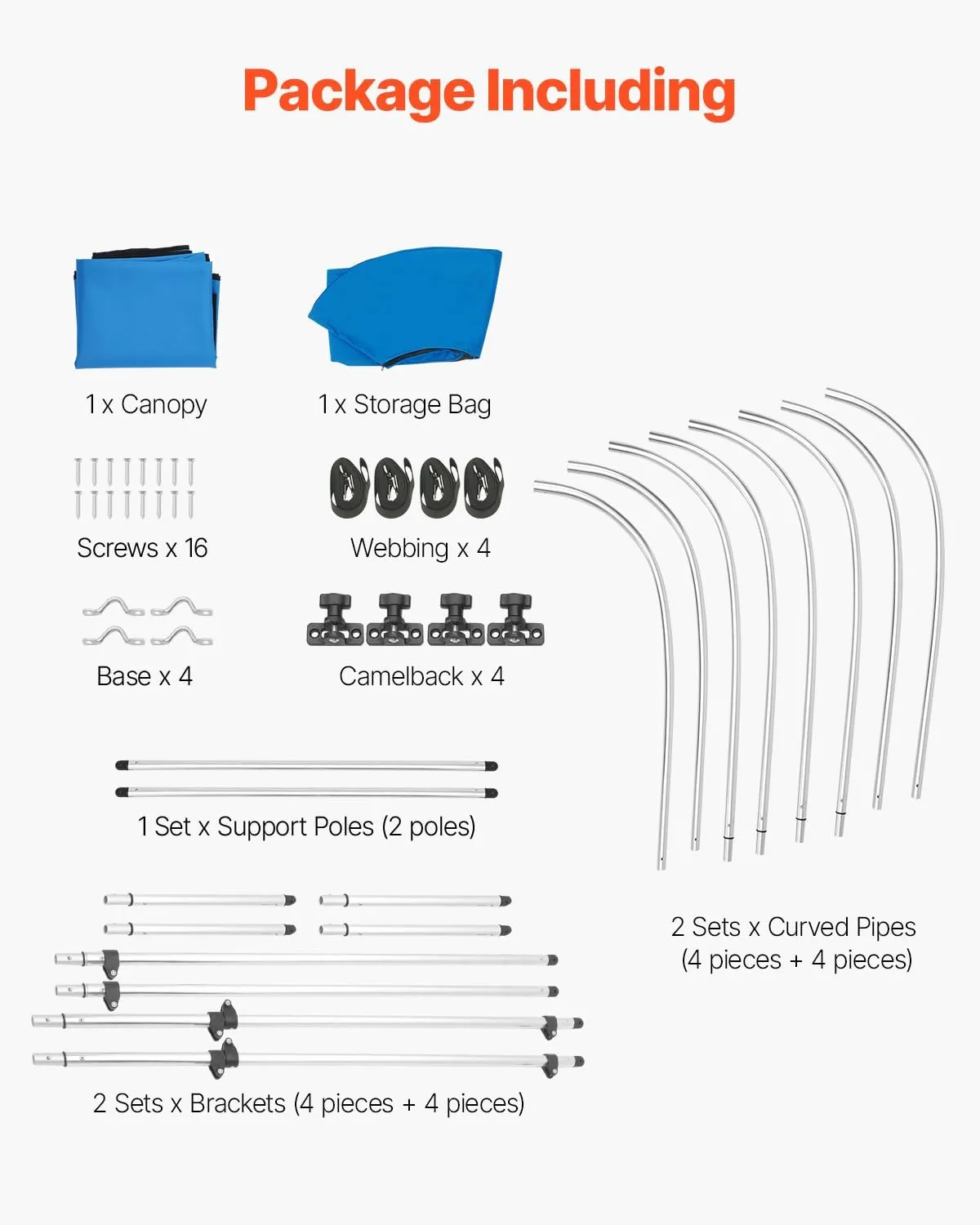 VEVOR 4 Bow Boat Bimini Tops, 600D Polyester Canopy with Aluminum Alloy Frame, Waterproof & Sun Shade Boat Awning Canopy with Storage Bag, 2 Support Poles, 4 Straps, 96"Lx(85"-90")Wx54"H, Pacific Blue