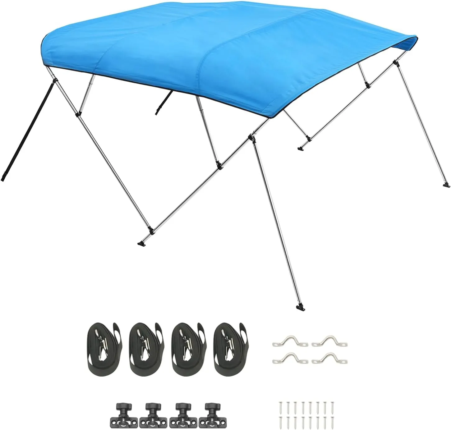 VEVOR 4 Bow Boat Bimini Tops, 600D Polyester Canopy with Aluminum Alloy Frame, Waterproof & Sun Shade Boat Awning Canopy with Storage Bag, 2 Support Poles, 4 Straps, 96"Lx(85"-90")Wx54"H, Pacific Blue