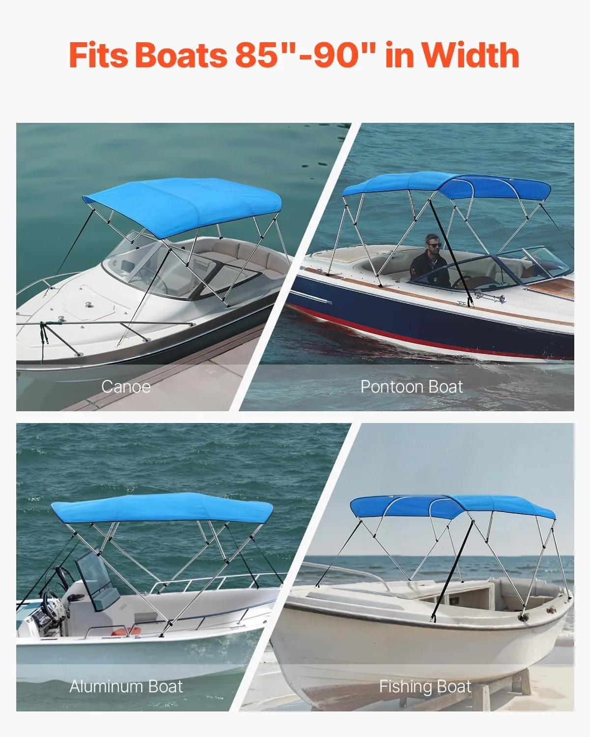 VEVOR 4 Bow Boat Bimini Tops, 600D Polyester Canopy with Aluminum Alloy Frame, Waterproof & Sun Shade Boat Awning Canopy with Storage Bag, 2 Support Poles, 4 Straps, 96"Lx(85"-90")Wx54"H, Pacific Blue