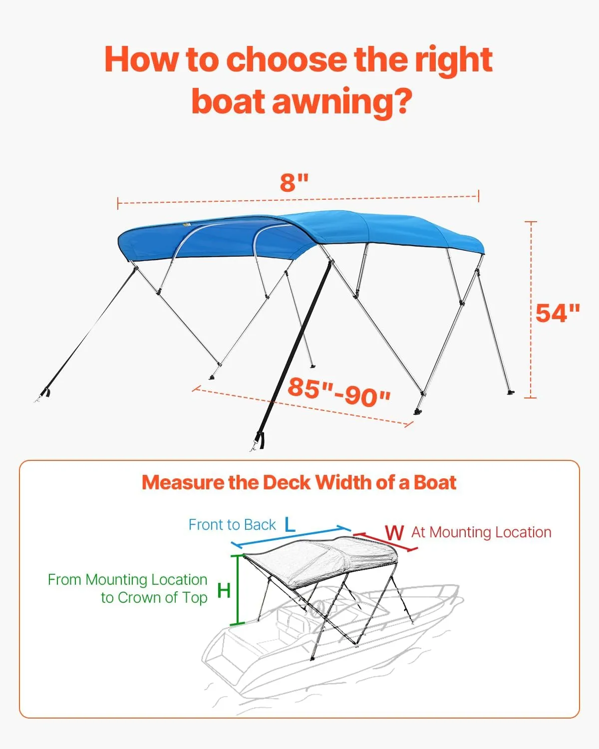 VEVOR 4 Bow Boat Bimini Tops, 600D Polyester Canopy with Aluminum Alloy Frame, Waterproof & Sun Shade Boat Awning Canopy with Storage Bag, 2 Support Poles, 4 Straps, 96"Lx(85"-90")Wx54"H, Pacific Blue