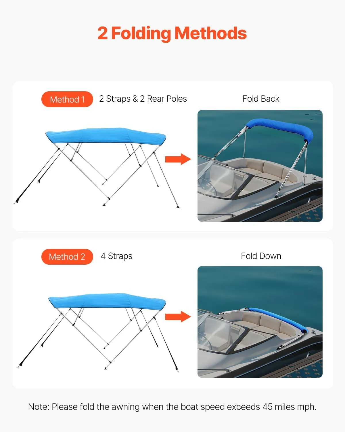 VEVOR 4 Bow Boat Bimini Tops, 600D Polyester Canopy with Aluminum Alloy Frame, Waterproof & Sun Shade Boat Awning Canopy with Storage Bag, 2 Support Poles, 4 Straps, 96"Lx(85"-90")Wx54"H, Pacific Blue