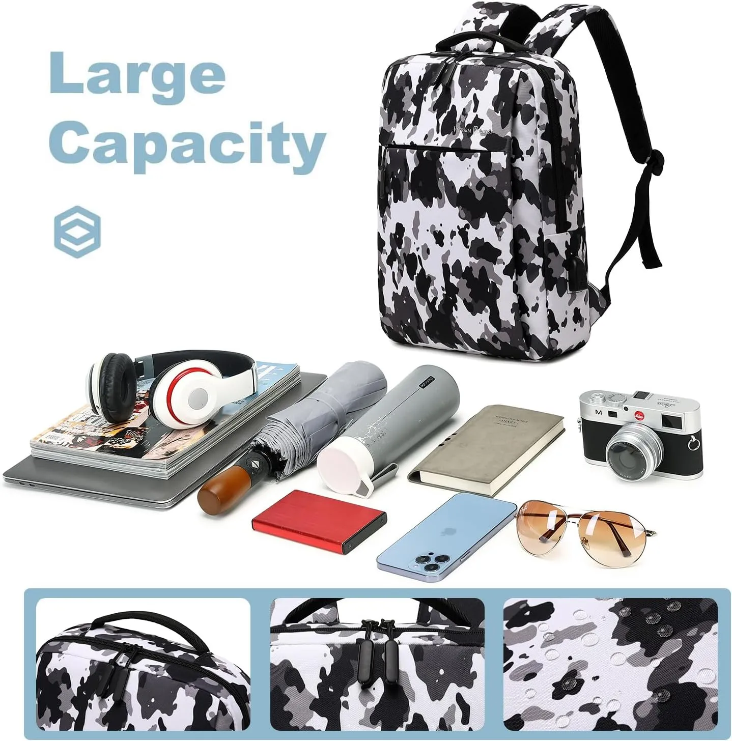 Victoriatourist Camo Backpack Travel Laptop Backpack for Men Women Water Resistant Durable Computer Backpack, Slim Business Laptop Bag Lightweight Laptop Bookbag 15.6 Inch Notebook(Camo Black White)