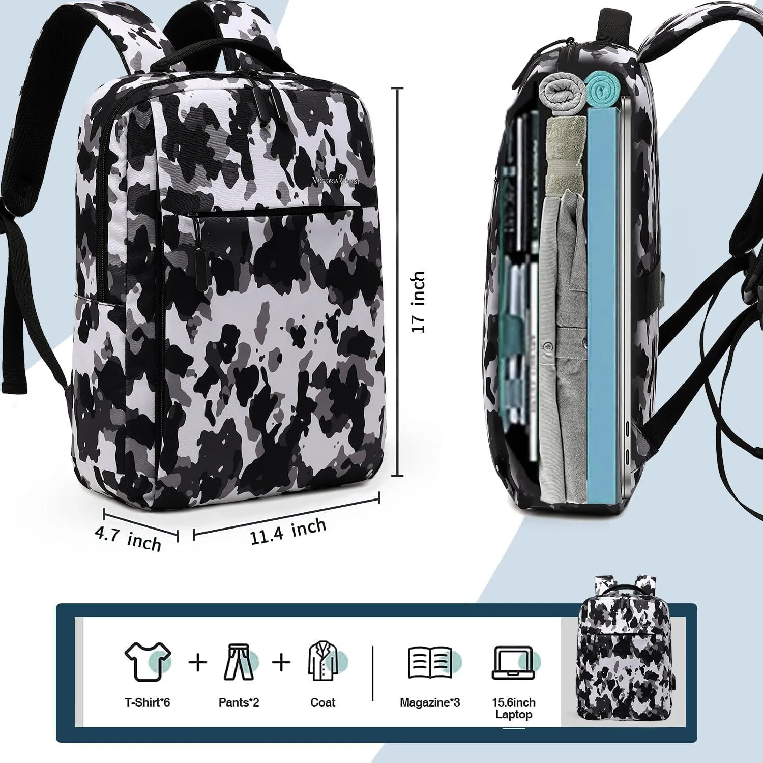 Victoriatourist Camo Backpack Travel Laptop Backpack for Men Women Water Resistant Durable Computer Backpack, Slim Business Laptop Bag Lightweight Laptop Bookbag 15.6 Inch Notebook(Camo Black White)