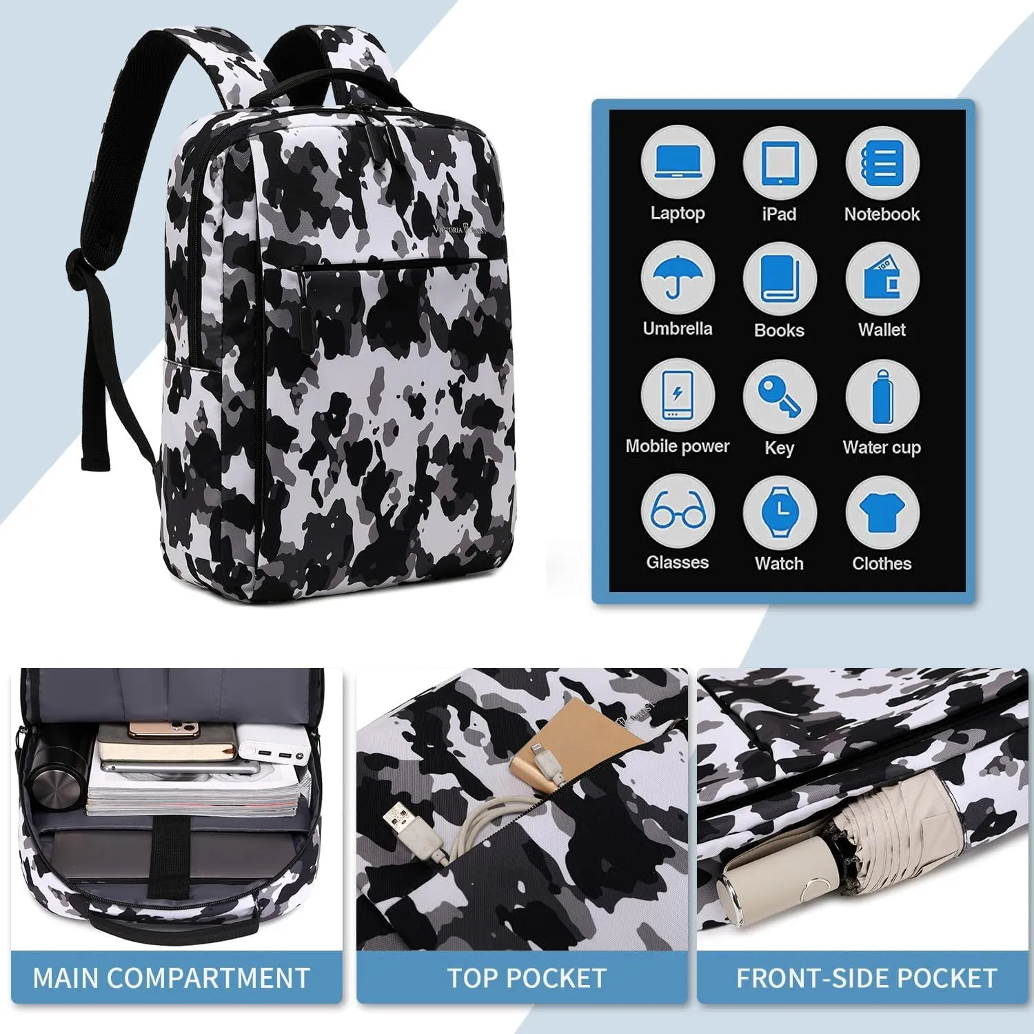 Victoriatourist Camo Backpack Travel Laptop Backpack for Men Women Water Resistant Durable Computer Backpack, Slim Business Laptop Bag Lightweight Laptop Bookbag 15.6 Inch Notebook(Camo Black White)