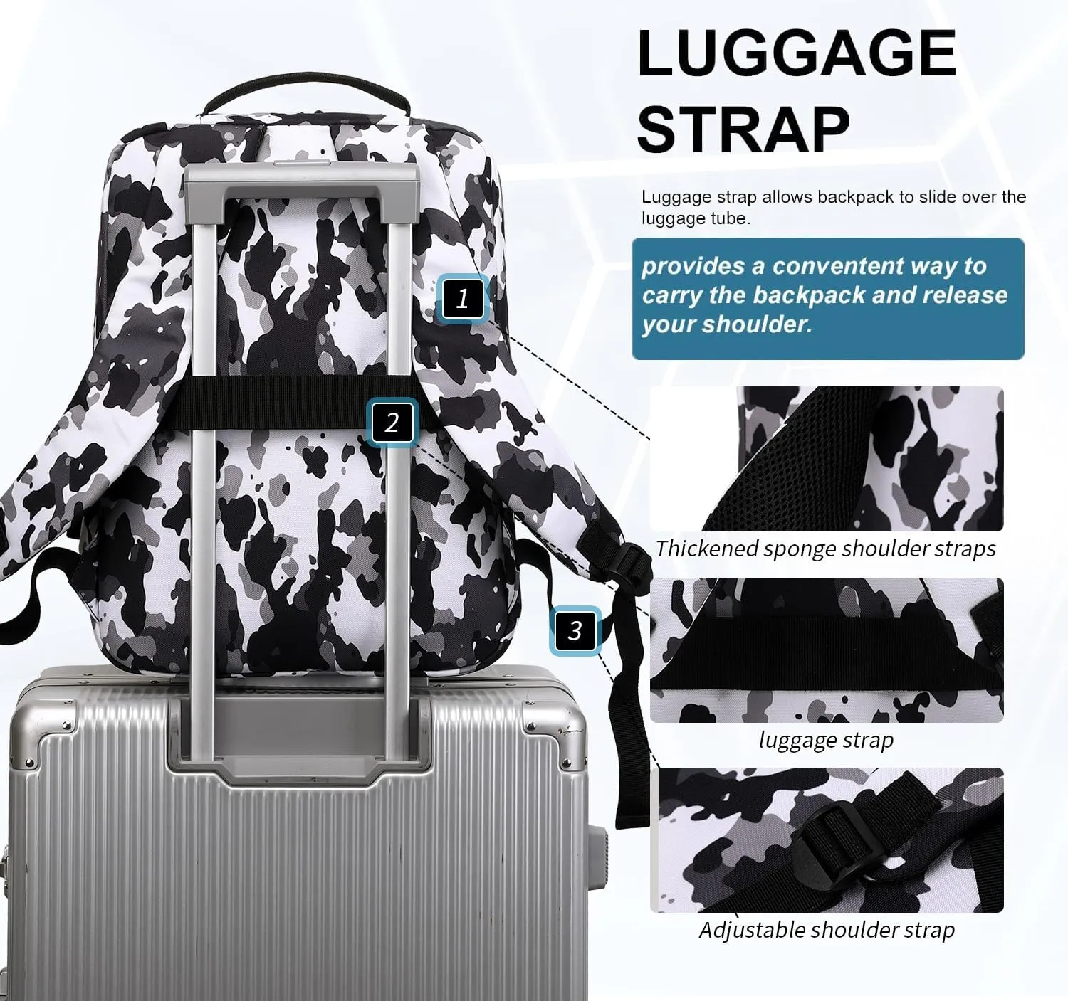 Victoriatourist Camo Backpack Travel Laptop Backpack for Men Women Water Resistant Durable Computer Backpack, Slim Business Laptop Bag Lightweight Laptop Bookbag 15.6 Inch Notebook(Camo Black White)