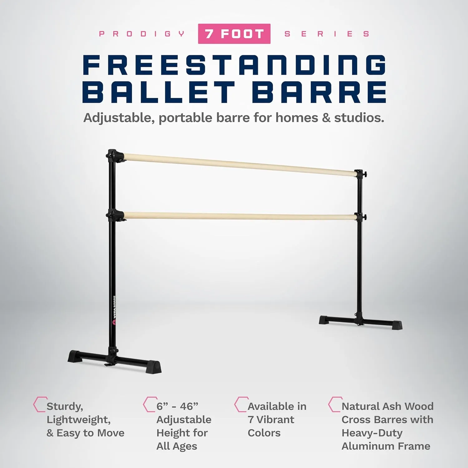 VITA Barre Portable Freestanding Double Ballet Barre, Prodigy, Wood | Adjustable Height, USA Made, Home or Gym Exercise Equipment for Kids & Adults | Dance, Fitness, Pilates