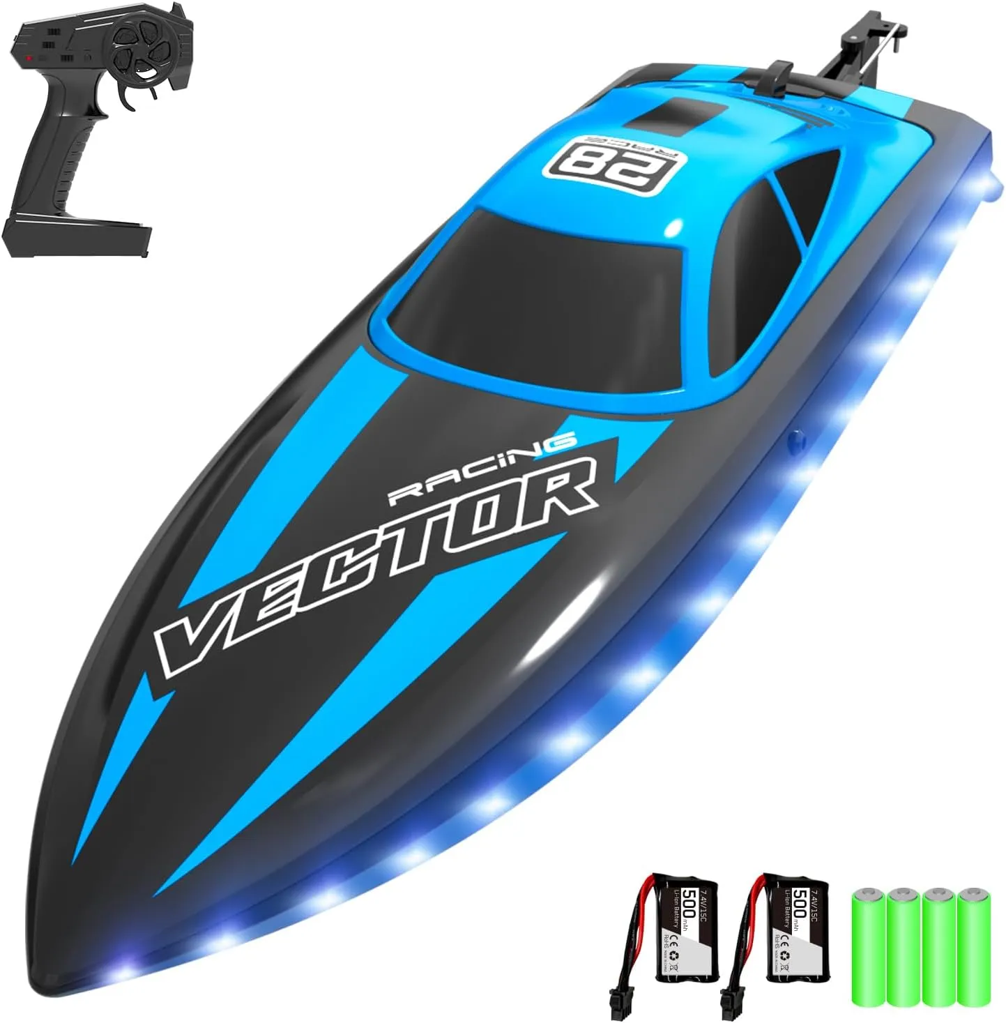 VOLANTEXRC RC Boat 20MPH Fast Remote Control Boat with Lights 2.4Ghz Toy Boat for Pools and Lakes with 2 Rechargeable Batteries Toys Gifts for Boys Girls, Blue