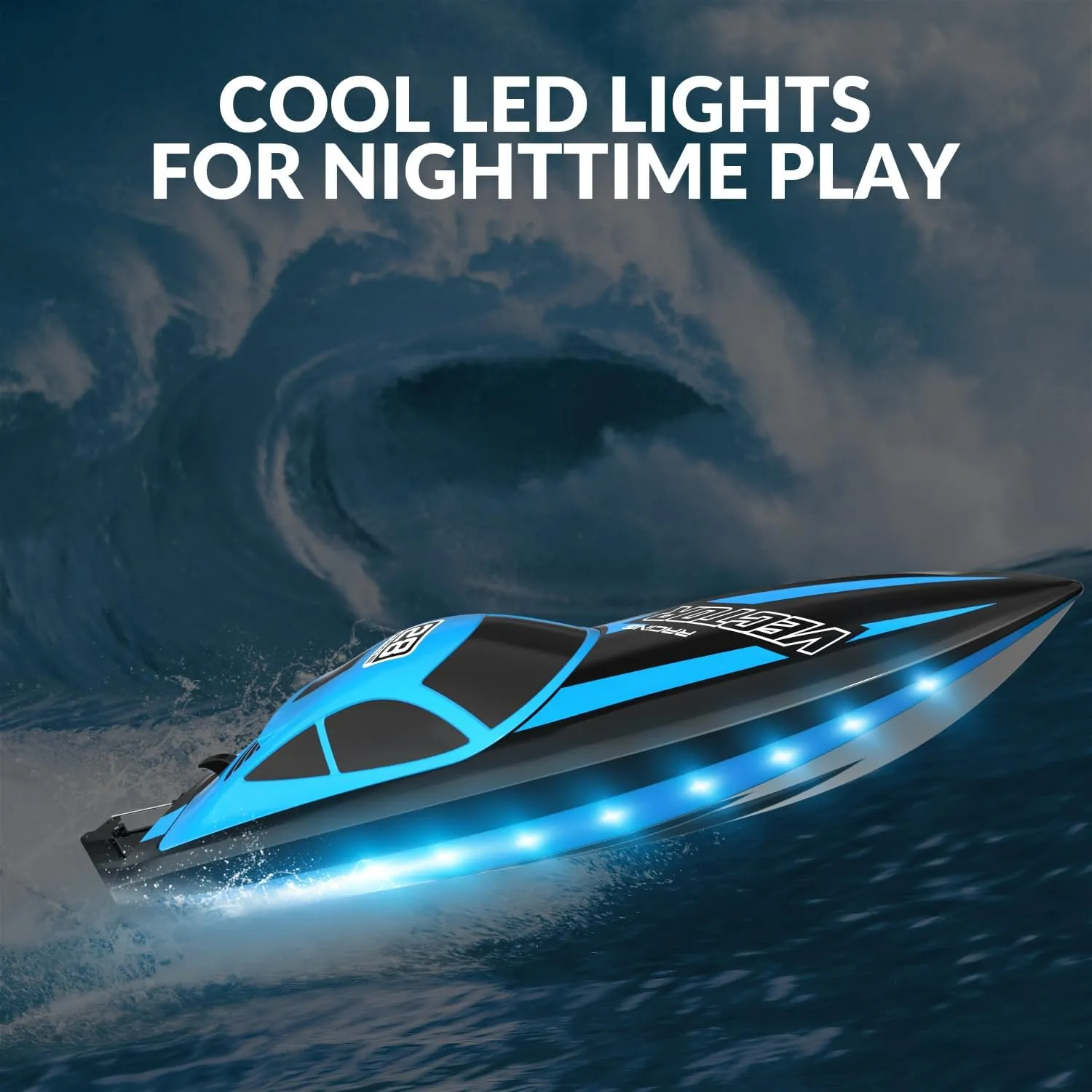 VOLANTEXRC RC Boat 20MPH Fast Remote Control Boat with Lights 2.4Ghz Toy Boat for Pools and Lakes with 2 Rechargeable Batteries Toys Gifts for Boys Girls, Blue