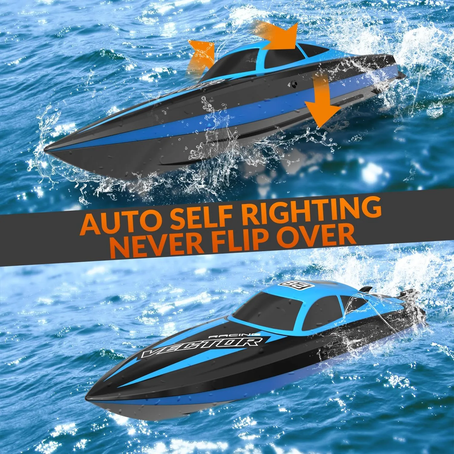 VOLANTEXRC RC Boat 20MPH Fast Remote Control Boat with Lights 2.4Ghz Toy Boat for Pools and Lakes with 2 Rechargeable Batteries Toys Gifts for Boys Girls, Blue