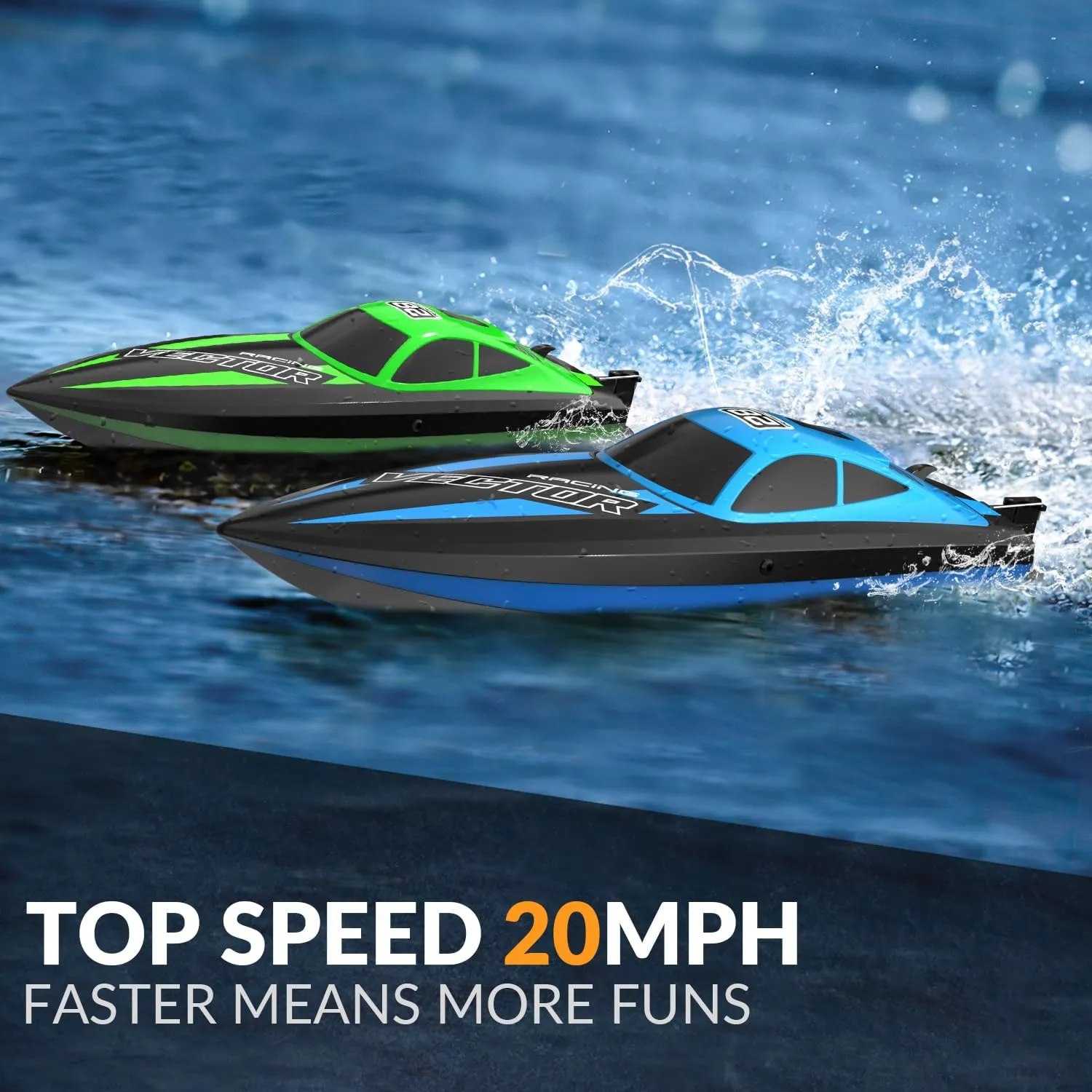 VOLANTEXRC RC Boat 20MPH Fast Remote Control Boat with Lights 2.4Ghz Toy Boat for Pools and Lakes with 2 Rechargeable Batteries Toys Gifts for Boys Girls, Blue