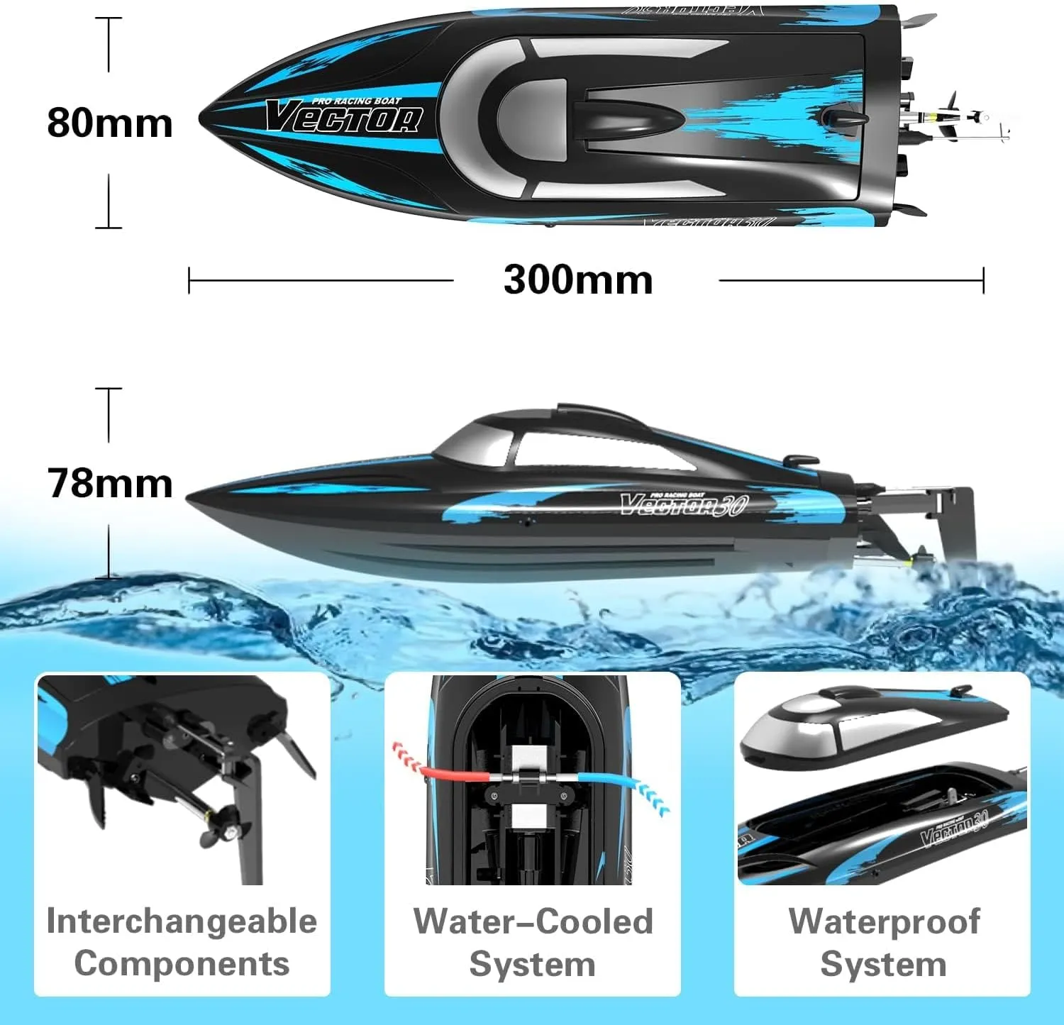 VOLANTEXRC RC Remote Control Boat for Pool，2.4Ghz Control Rc Boats for Adults，Lake Electric Boat with Water Cooling System 2Rechargeable Batteries